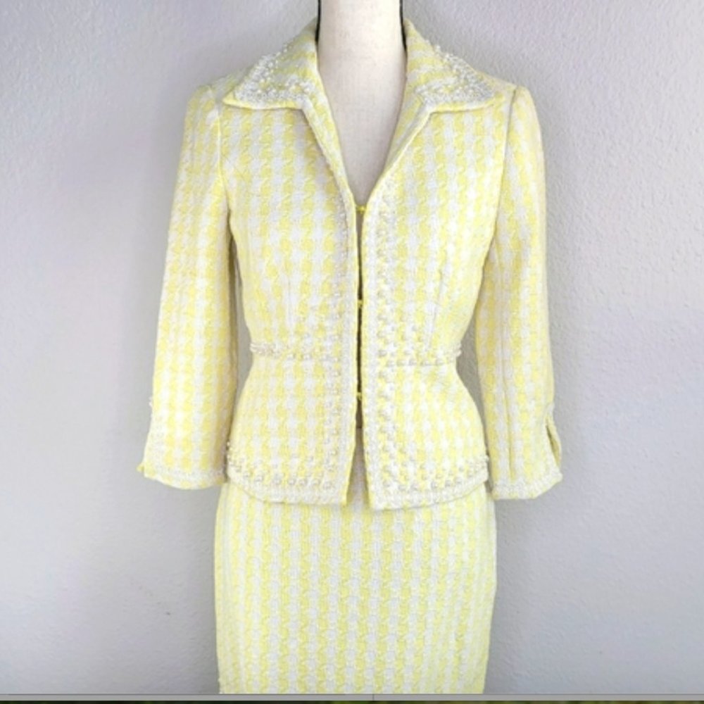 WD.NY yellow houndstooth pearl peplum skirt suit